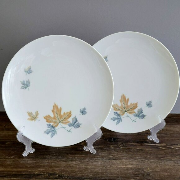 Vintage Noritake Maplewood DINNER Plate Set of 2, Blue & Tan Autumn Leaves, c.19 - Picture 1 of 10